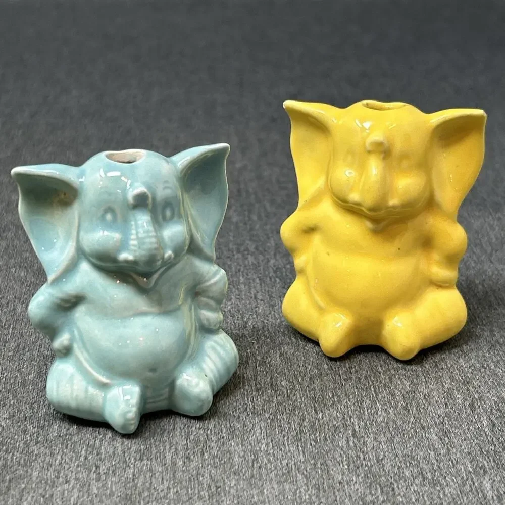 Vintage 2pc Ceramic Elephant Macrame Beads 2in Blue Yellow Crafting Supplies